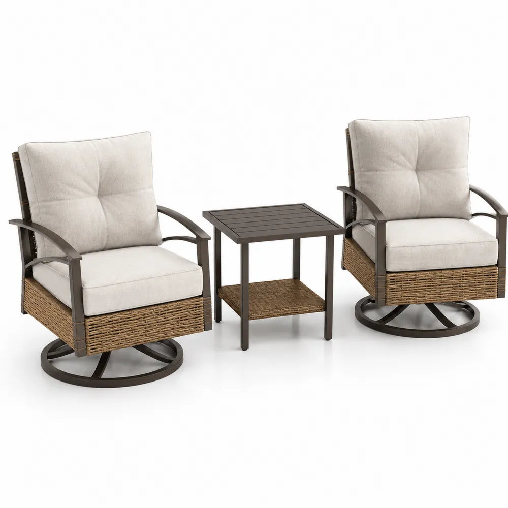 Ensemble de jardin 3 pièces avec fauteuils pivotants en métal et rotin