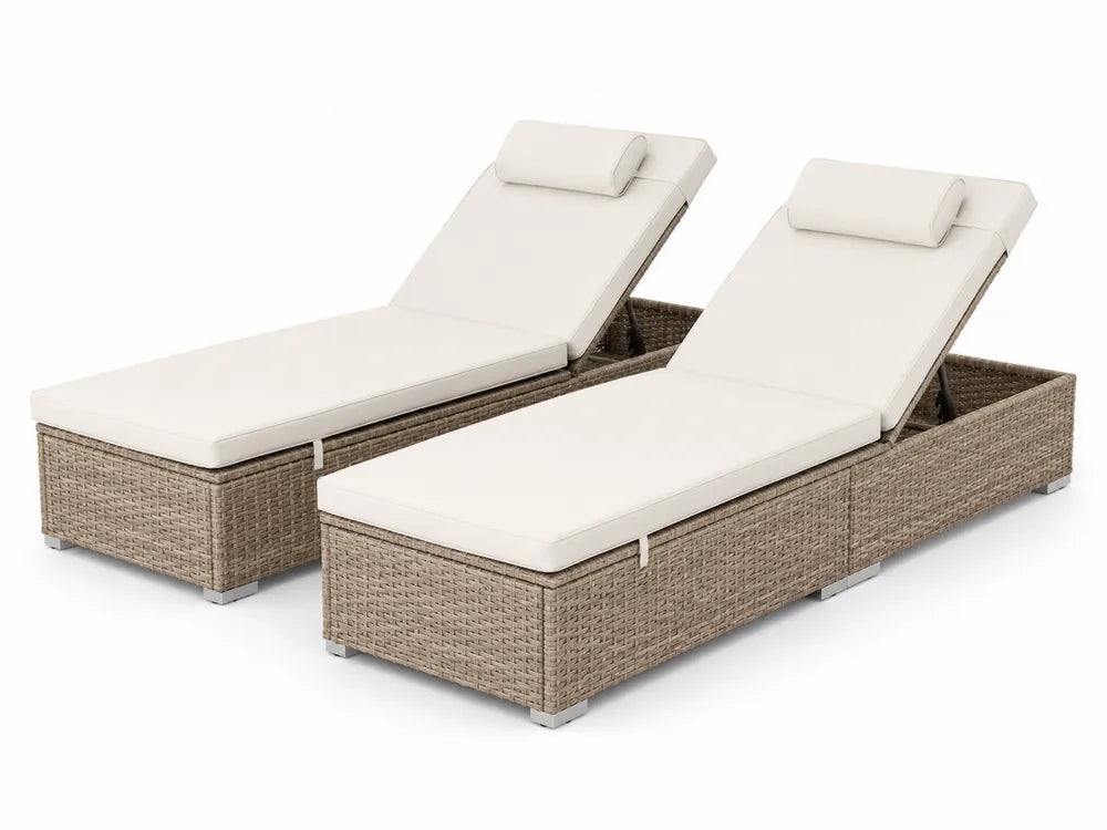 Lot de 2 chaises longues en résine tressée avec coussins crème