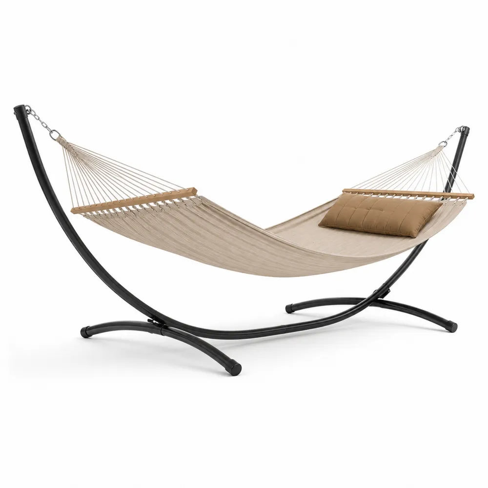 Hamac avec Cadre en Acier Noir et Tissu Polyester Beige