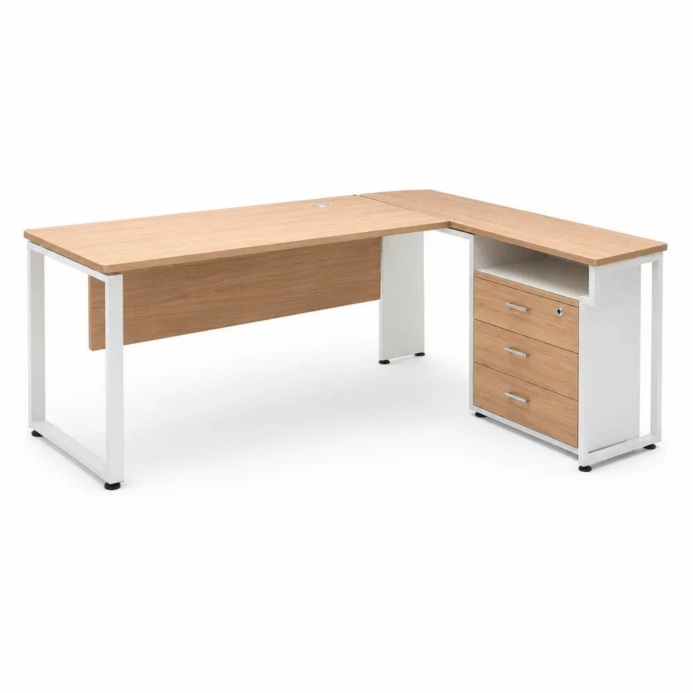 Bureau d'angle en bois et métal avec tiroirs chêne clair/blanc