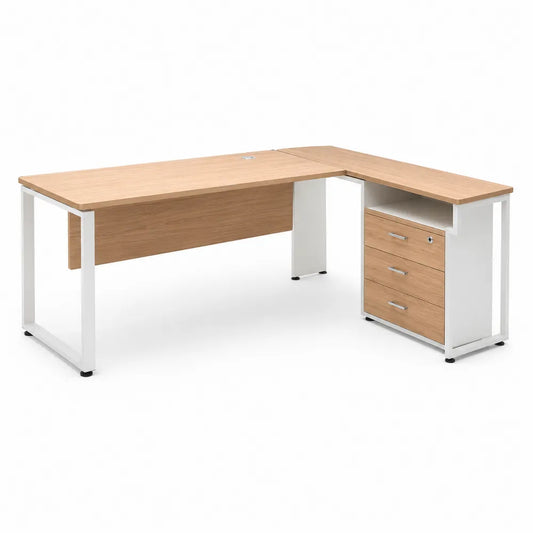 Bureau d'angle en bois et métal avec tiroirs chêne clair/blanc