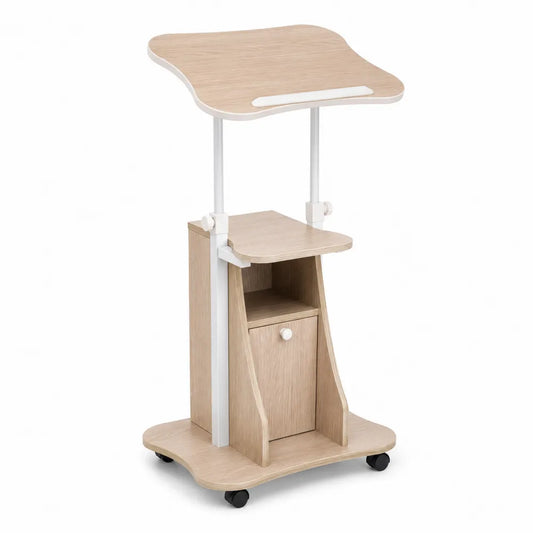 Table de présentation en bois avec étagère et roulettes