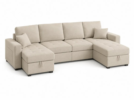 Canapé modulaire en tissu beige avec méridienne et rangement 300x150x80 cm