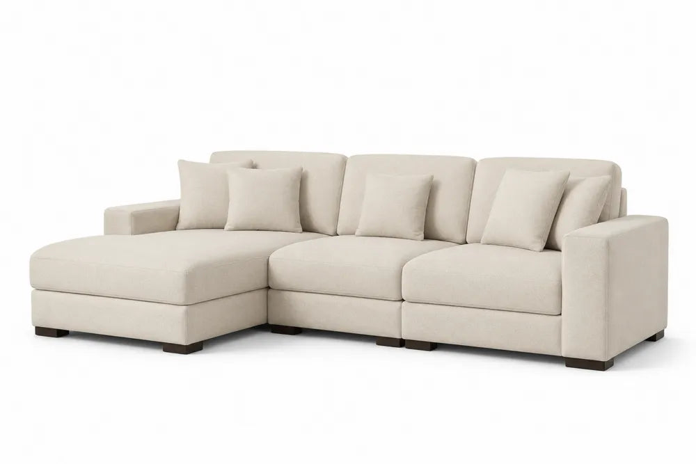 Canapé modulaire en tissu beige avec méridienne, structure en bois