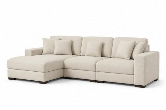 Canapé modulaire en tissu beige avec méridienne, structure en bois