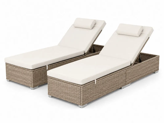 Lot de 2 chaises longues en résine tressée avec coussins crème
