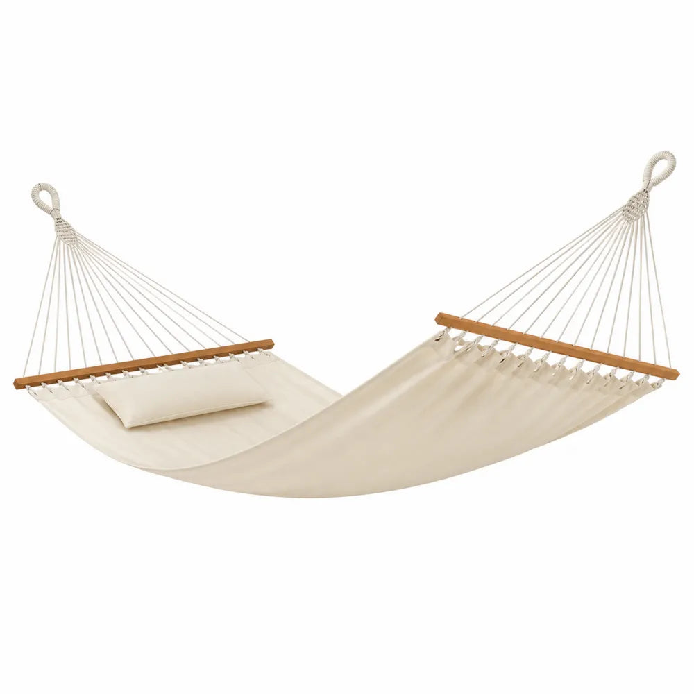Hamac en toile avec barres en bois et oreiller