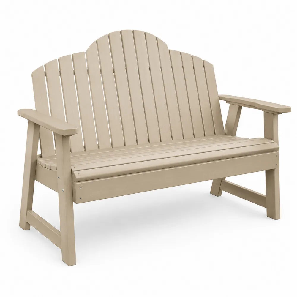 Banc de jardin en plastique beige avec dossier et accoudoirs