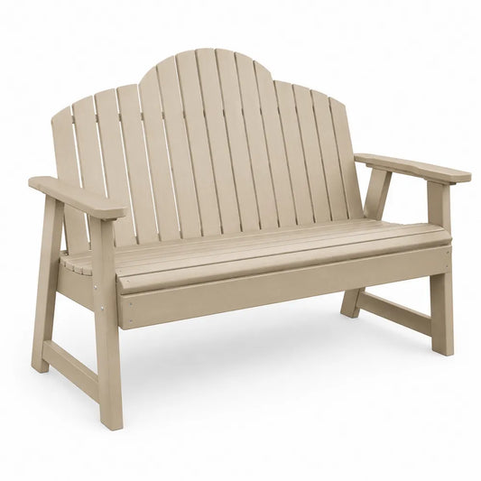 Banc de jardin en plastique beige avec dossier et accoudoirs