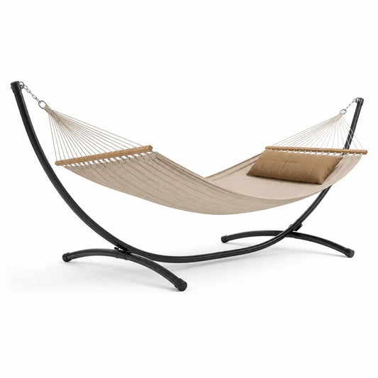 Hamac avec Cadre en Acier Noir et Tissu Polyester Beige