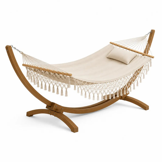 Hamac en Bois avec Support et Coussin en Coton Beige