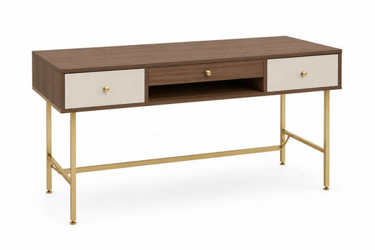 Bureau en Bois avec Pieds en Métal Doré et Tiroirs Blancs
