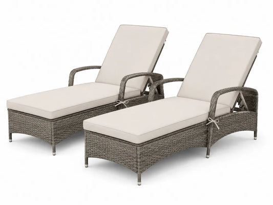 Chaises longues en résine gris avec coussins crème, ensemble de 2