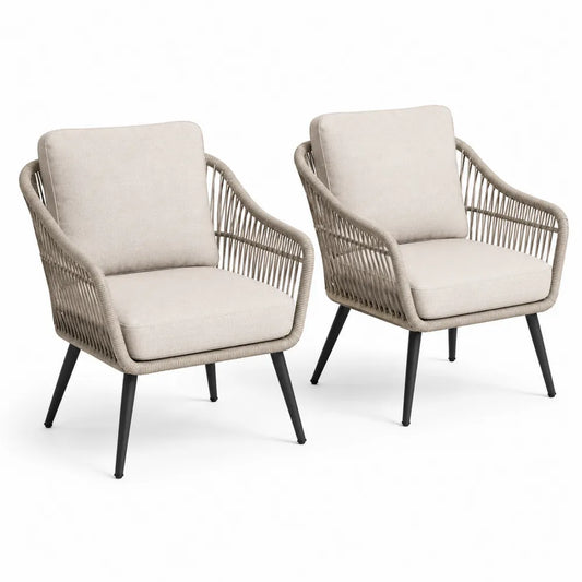 Ensemble de 2 fauteuils en corde et métal avec coussins crème