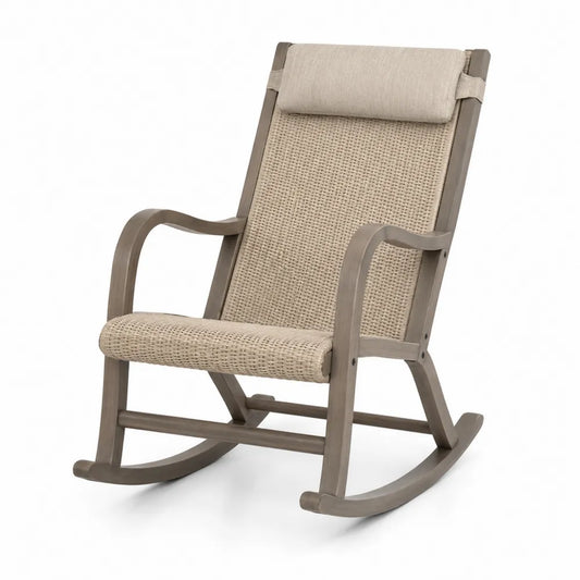 Chaise à bascule extérieure en bois et rotin synthétique beige