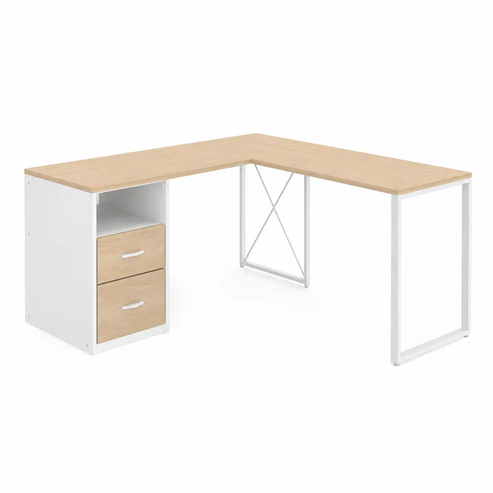 Bureau d'angle en MDF et métal avec tiroirs en bois clair et blanc